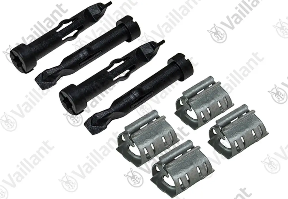Befestigungssatz bestehend aus drei schwarzen Haltern und vier silbernen Clips, geeignet für Vaillant Produkte.